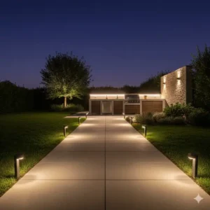 Solar-Bodenleuchten markieren den Weg zur Küche und sind Teil der solar beleuchtung außenküche.