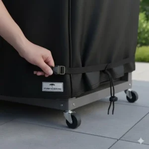 Stabile Klickverschlüsse an der Abdeckhaube Grillstation Robust für Sturmsicherheit.