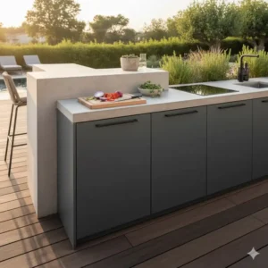 Funktionaler aufbewahrung schrank außenküche mit integrierter Arbeitsfläche zum Vorbereiten von Speisen.