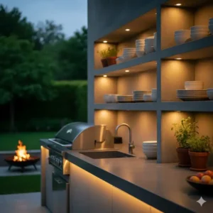 Kleine LED-Spotlights, die in Regale oder Nischen des Led Beleuchtung Außenküche Set integriert sind.