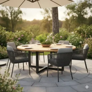 esstisch garten wetterfest groß, rund, mit Teakholz-Platte, schafft eine gemütliche Atmosphäre im Außenbereich.