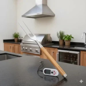 Große Fleischgabel und integriertes Thermometer im Grillbesteck Set Außenküche