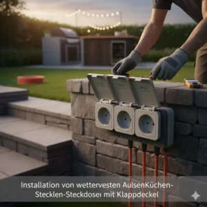 Installation von wetterfesten Außenküchen-Steckdosen mit Klappdeckel für den Stromanschluss.