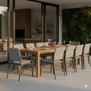 Essgruppe mit mehreren Stühle Außenküche Stapelbar um den Tisch.