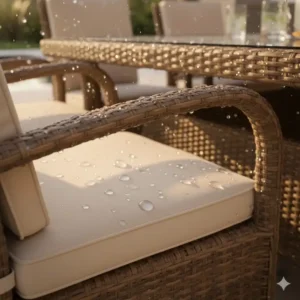 Wetterfestes Esstisch Set Außenküche Rattan mit UV-beständigen Materialien.