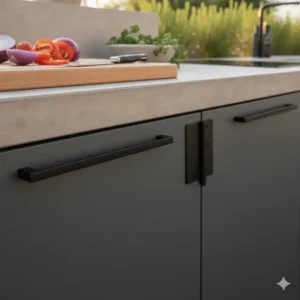 Detailansicht der hochwertigen Griffe an der aufbewahrung schrank außenküche.