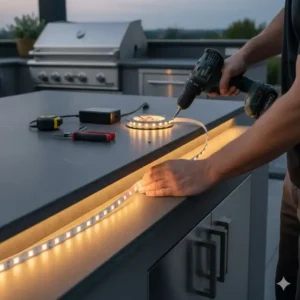 Darstellung der einfachen Montage des Led Beleuchtung Außenküche Set in einer bestehenden Küche.