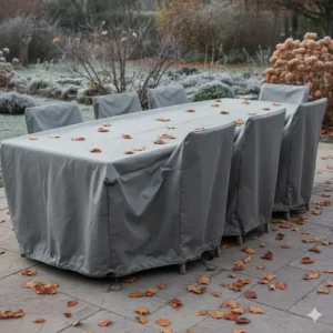 esstisch garten wetterfest groß, abgedeckt mit einer atmungsaktiven Schutzhülle, winterfest gelagert.