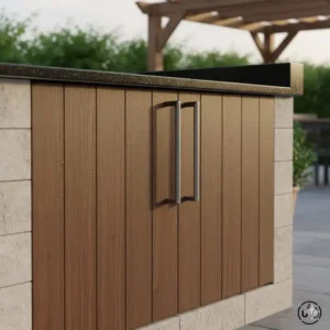 Eleganter Aufbewahrung Schrank Außenküche in Holzoptik.
