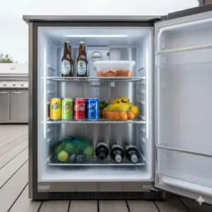 Innenansicht eines Kühlschrank Außenküche Wetterfest mit flexiblen, höhenverstellbaren Ablagen.