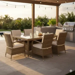 Platzsparendes Esstisch Set Außenküche Rattan mit verstaubaren Stühlen.