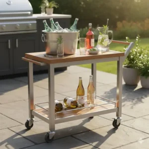 Mobile Bar: Servierwagen Gartenküche kaufen mit integriertem Weinregal und Platz für einen Eiskübel, perfekt für Getränke.