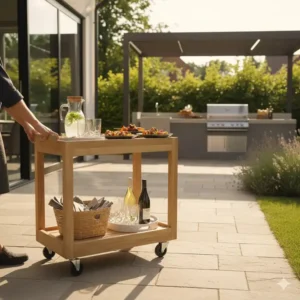 Praktischen Servierwagen für die Gartenküche kaufen zum Transport von Speisen und Getränken vom Haus zur Outdoor-Küche.