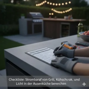 Checkliste: Strombedarf von Grill, Kühlschrank und Licht in der Außenküche für den Stromanschluss berechnen.Checkliste: Strombedarf von Grill, Kühlschrank und Licht in der Außenküche für den Stromanschluss berechnen.