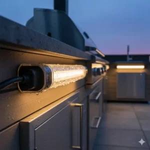 "Wetterfeste Terrassenbeleuchtung Außenküche: IP65-Schutz für maximale Haltbarkeit und Schutz vor Feuchtigkeit."