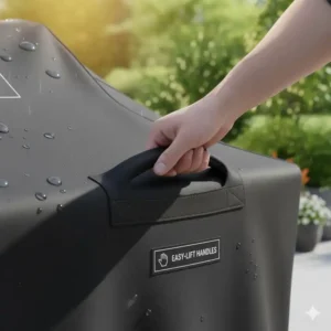 Verstärkte Griffe für einfaches Anbringen der Abdeckhaube Grillstation Robust.