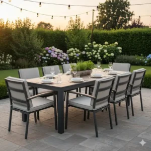 esstisch garten wetterfest groß als komplette Esstischgruppe, inklusive passender Gartenstühle und Sitzkissen.