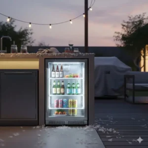 Szene eines Kühlschrank Außenküche Wetterfest im Wintereinsatz, der die ganzjährige Tauglichkeit demonstriert.