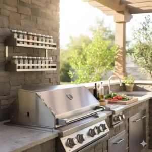 Das Gewürzregal Außenküche Edelstahl optimal platziert neben dem Grill.