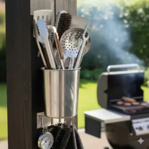 Zusätzliche Haken am Utensilien Halter Außenküche bieten Platz für Grillhandschuhe und weiteres Zubehör.