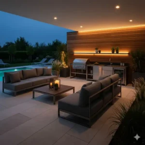 Beleuchtetes Loungeset und moderne Gartenküche am Abend mit integriertem Licht.