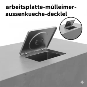 Mülleimer außenküche integriert in die arbeitsplatte mit schwenkbarem oder klappbarem deckel.