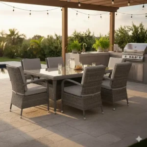 Graues Esstisch Set Außenküche Rattan, eine moderne Farboption.