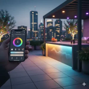 "Smarte Terrassenbeleuchtung Außenküche: Steuerung von Helligkeit und Farbe per App für die perfekte Stimmung."