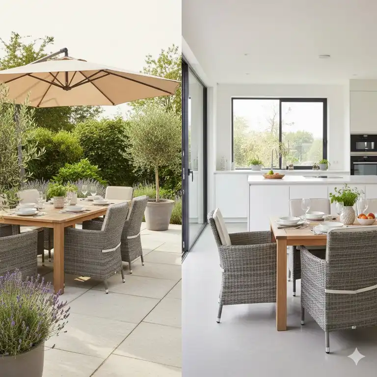 Moderne essgruppe garten küche aus Teakholz und Polyrattan, ideal für den Innen- und Außenbereich geeignet.