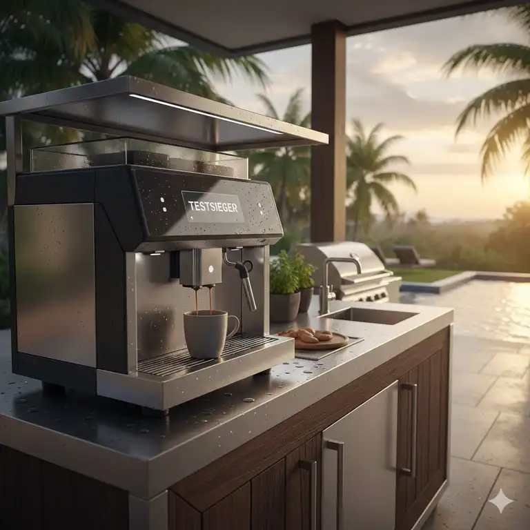 Hochwertige kaffeemaschine außenküche wetterfest auf einer modernen Terrasse.