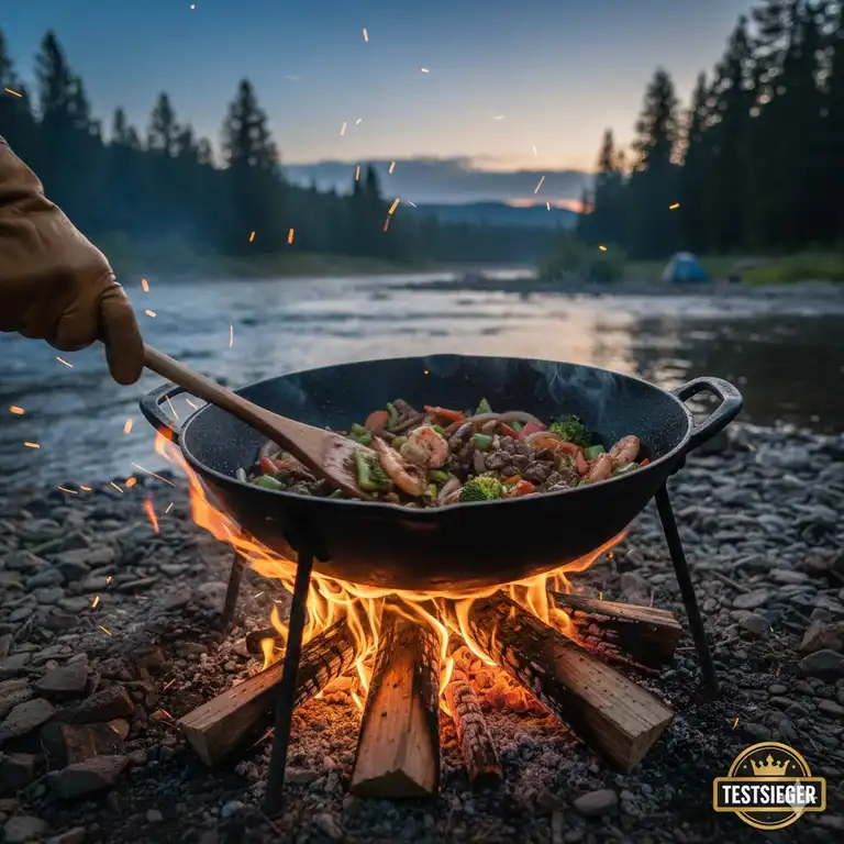Eine hochwertige Wok Pfanne Gusseisen Outdoor auf einer offenen Feuerstelle.