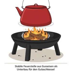 Die stabile Basis der Gulaschkessel Feuerstelle aus robustem Gusseisen.