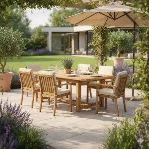 Elegante, robuste essgruppe garten küche aus nachhaltigem Holz, platziert auf der Terrasse.