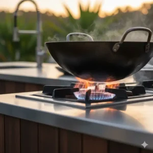 Die kraftvolle blaue Flamme von einem wok brenner außenküche gas in Nahaufnahme.