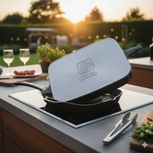 Die Unterseite der grillpfanne außenküche induktion zeigt die Eignung für magnetische Kochfelder.