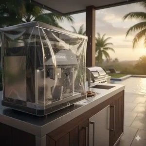 Eine robuste kaffeemaschine außenküche wetterfest mit spezieller Schutzhaube gegen Regen.