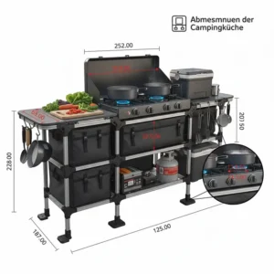 Technische Illustration der Abmessungen für eine gaskocher campingküche groß mit viel Platz.