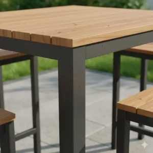 Detailaufnahme: Wetterfestes bartisch set terrasse Gestell aus rostfreiem Aluminium in Anthrazit mit Teakholzplatte.