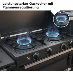 Detailansicht der leistungsstarken Brenner einer gaskocher campingküche groß beim Kochen.