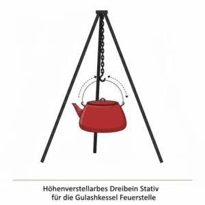 Ein höhenverstellbares Dreibein-Stativ passend zur Gulaschkessel Feuerstelle.
