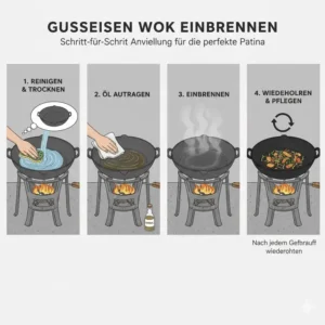 Anleitung zum Einbrennen der Wok Pfanne Gusseisen Outdoor.