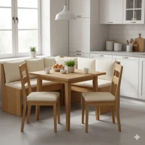 Kompakte essgruppe garten küche mit Banklösung, die optimal in kleinen Küchenbereichen Platz spart.