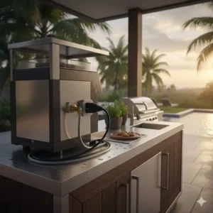 Die technischen Anschlüsse für eine kaffeemaschine außenküche wetterfest im Garten.