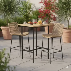 Gemütliches Frühstück im Freien am bartisch set terrasse mit zwei Barstühlen.