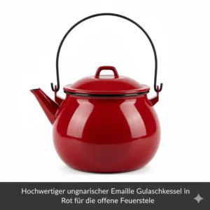 Detailansicht eines Emaille-Kessels fĂŒr die traditionelle Gulaschkessel Feuerstelle.