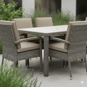 Wetterfeste essgruppe garten küche in Rattan-Optik mit bequemen, wasserabweisenden Polstern.