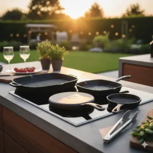 Verschiedene Modelle der grillpfanne außenküche induktion im Größenvergleich für Profi-Gartenküchen.