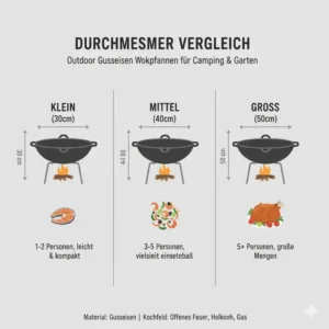 Verschiedene Größen der Wok Pfanne Gusseisen Outdoor im Vergleich.