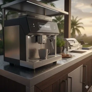 Detailansicht aus Edelstahl einer kaffeemaschine außenküche wetterfest für Langlebigkeit.