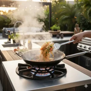 Asiatisch kochen unter freiem Himmel mit dem wok brenner außenküche gas.